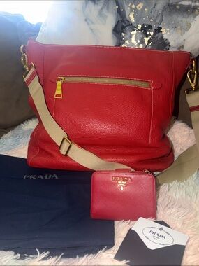 Authentic Prada Red Leather Shoulder Bag & Matching Wallet Set